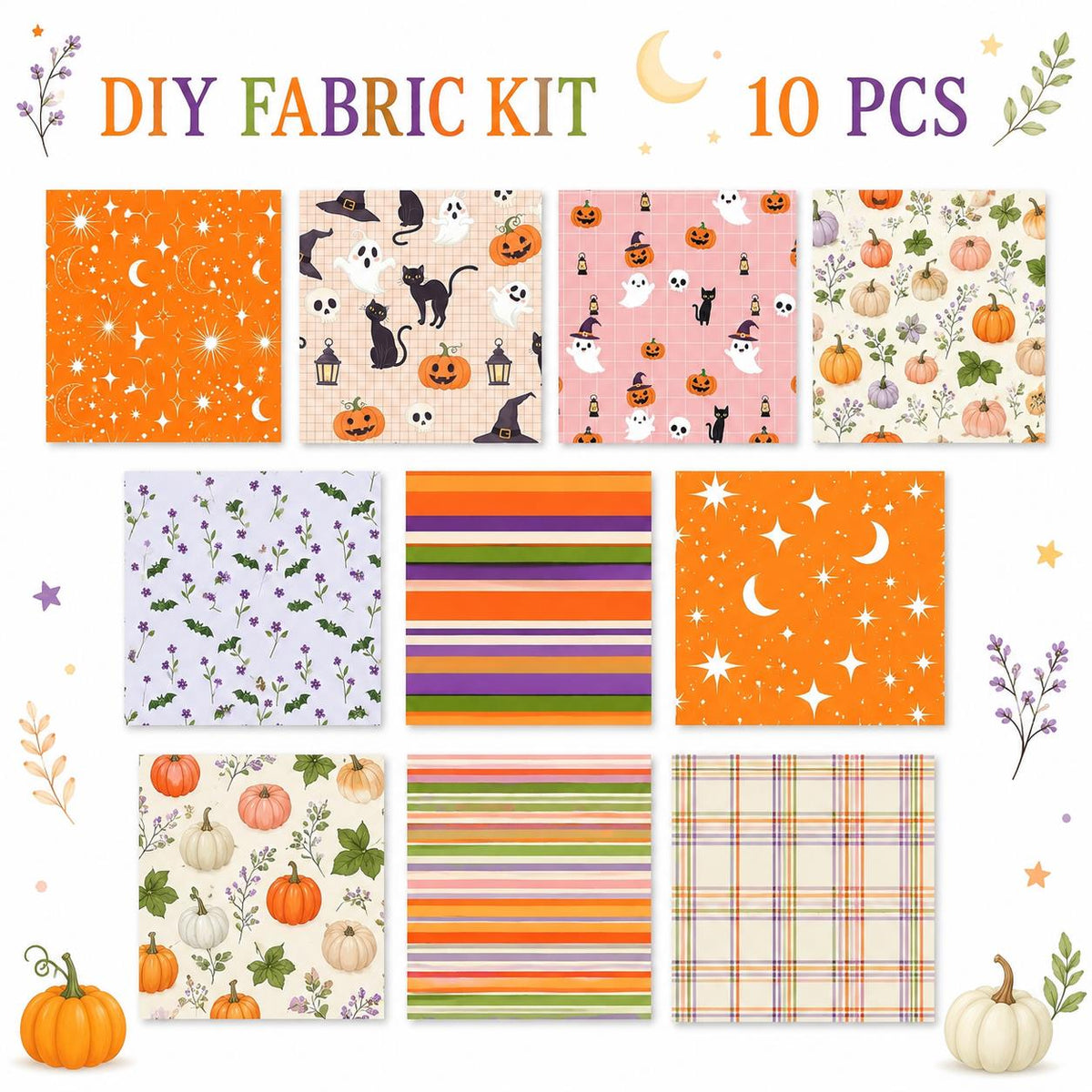 10pcs Charm Pack Set Star Moon Pumpkin Pattern Vintage Style Handmade DIY with Rich Color and Texture Elements 100% Polyester Patchwork in 10 Design Styles Suitable for Patchwork DIY Craft Projects DIY Wallet Making Gift Giving Bag Making Mother's Day Gif