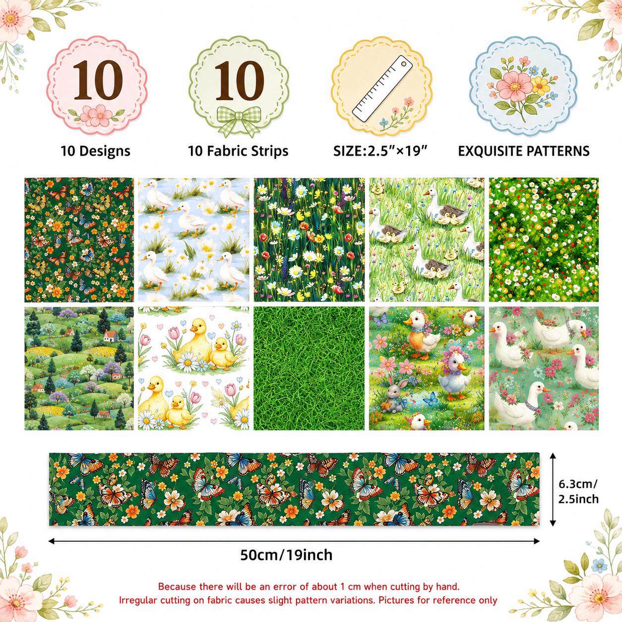 10pcs Vintage Duck Grass Jelly Roll Fabric Strips 2.5X19.7inch Pre-Cut 100% Polyester For Patchwork Quilts, Table Runners, Placemats, Tote Bags, Storage Pouches, Makeup Bags, Coasters, Quilt Blocks & Binding Birthday Gift