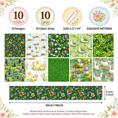 10pcs Vintage Duck Grass Jelly Roll Fabric Strips 2.5X19.7inch Pre-Cut 100% Polyester For Patchwork Quilts, Table Runners, Placemats, Tote Bags, Storage Pouches, Makeup Bags, Coasters, Quilt Blocks & Binding Birthday Gift