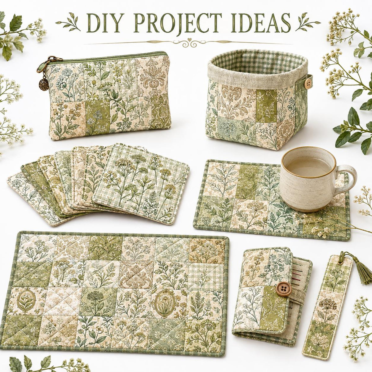 10pcs Charm Pack Set Green Floral Pattern 100% Polyester Patchwork in 10 Design Styles, Ready-to-Sew Without Cutting, Suitable For Patchwork Wallet Making Gift Giving Tote Bags Coasters DIY Craft Projects For Mother's Gift