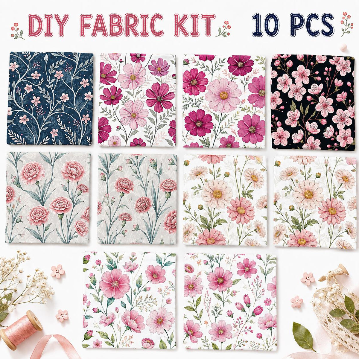 10Pc/Set Flower Series Fat Quarter Fabric, Pre-Cut Square Fabric Assort, Fabric Set, Craft Fabric, Handmade DIY Patchwork Fabric,Home Quilting Sewing Fabric, Packaging Fabric, Scrapbooking Craft Hobbyist