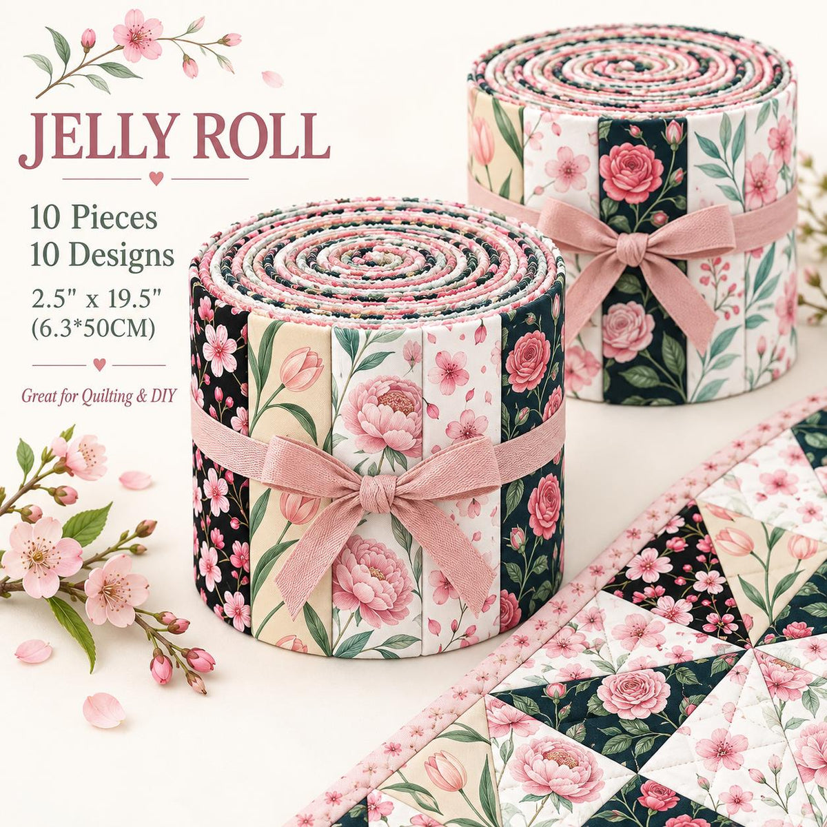 10pcs Vintage Floral Pattern Jelly Roll Fabric Strips 2.5X19.7inch Pre-Cut 100% Polyester For Patchwork Quilts, Table Runners, Placemats, Tote Bags, Storage Pouches, Makeup Bags, Coasters, Quilt Blocks & Binding