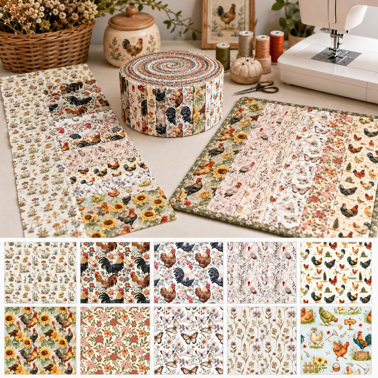 10Pc/Set, Making 10 Images 1pc Each, Each Size: 6.3*50cm Floral Butterfly Rooster Series Sliced Fabric Set Style Combination, Polyester Jelly Roll Fabric Strips, Pre-Cut Quilting Squares, For Quilting DIY, Handicrafts And Sewing, Blankets, Rugs