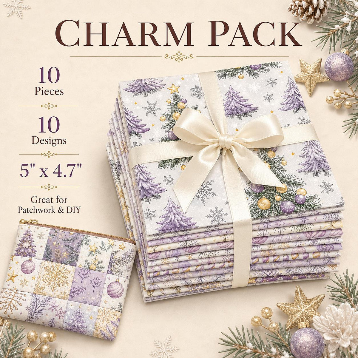 10pcs Charm Pack Set Christmas Tree Pattern Vintage Style Handmade DIY with Rich Color and Texture Elements 100% Polyester Patchwork in 10 Design Styles Suitable for Patchwork DIY Craft Projects DIY Wallet Making Gift Giving Bag Making Mother's Day Gift