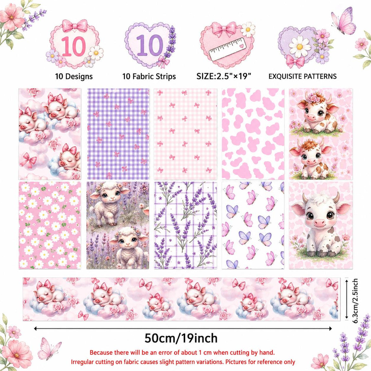10pcs Vintage Lavender Cow Butterfly Pattern Jelly Roll Fabric Strips 2.5X19.7inch Pre-Cut 100% Polyester For Patchwork Quilts, Table Runners, Placemats, Tote Bags, Storage Pouches, Makeup Bags, Coasters, Quilt Blocks & Binding Multi-Color