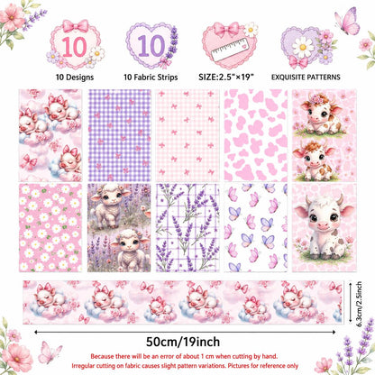 10pcs Vintage Lavender Cow Butterfly Pattern Jelly Roll Fabric Strips 2.5X19.7inch Pre-Cut 100% Polyester For Patchwork Quilts, Table Runners, Placemats, Tote Bags, Storage Pouches, Makeup Bags, Coasters, Quilt Blocks & Binding Multi-Color