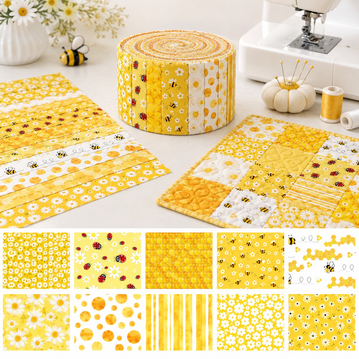 10Pc/Set, Making 10 Images 1pc Each, Each Size: 6.3*50cm Ladybug Bee Spring Daisy Yellow Series Sliced Fabric Set Style Combination, Polyester Jelly Roll Fabric Strips, Pre-Cut Quilting Squares, For Quilting DIY, Handicrafts And Sewing, Blankets, Rugs