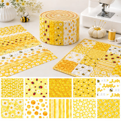 10Pc/Set, Making 10 Images 1pc Each, Each Size: 6.3*50cm Ladybug Bee Spring Daisy Yellow Series Sliced Fabric Set Style Combination, Polyester Jelly Roll Fabric Strips, Pre-Cut Quilting Squares, For Quilting DIY, Handicrafts And Sewing, Blankets, Rugs