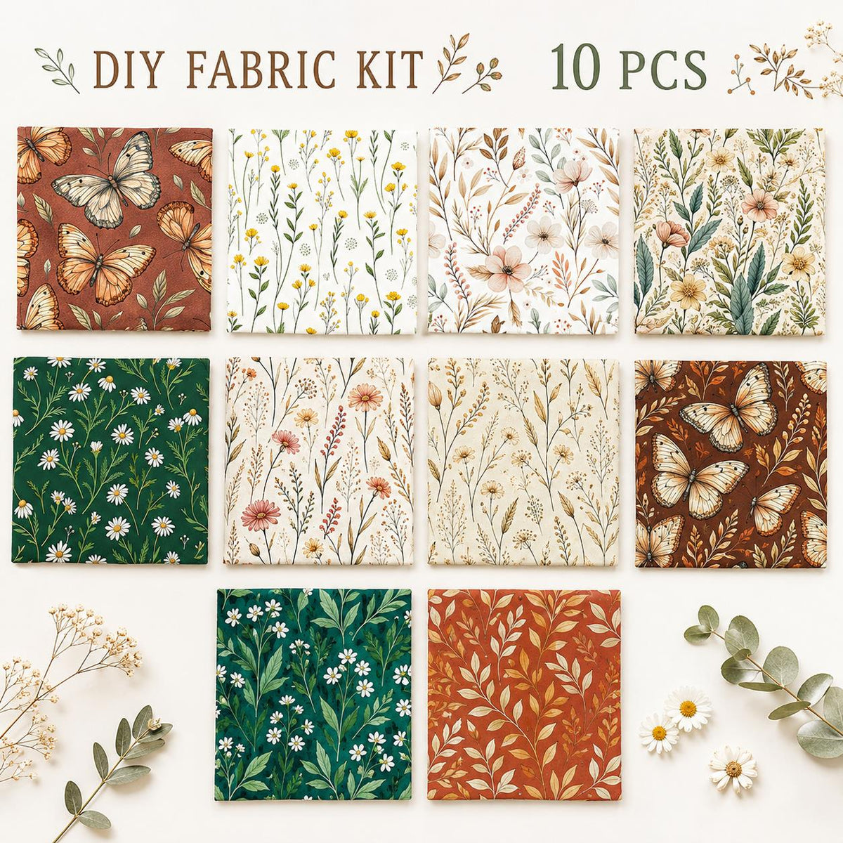 10pcs Charm Pack Set Floral Pattern 100% Polyester Patchwork in 10 Design Styles, Ready-to-Sew Without Cutting, Suitable For Patchwork Wallet Making Gift Giving Tote Bags Coasters DIY Craft Projects