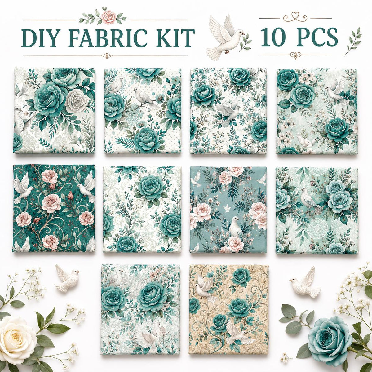 10Pc/Set Flower Green Series Fat Quarter Fabric, Pre-Cut Square Fabric Assort, Fabric Set, Craft Fabric, Handmade DIY Patchwork Fabric,Home Quilting Sewing Fabric, Packaging Fabric, Scrapbooking Craft Hobbyist