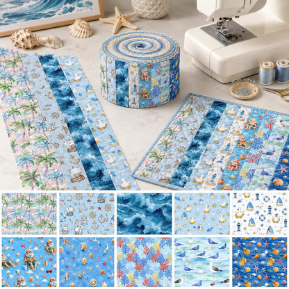 10Pc/Set, Making 10 Images 1pc Each, Each Size: 6.3*50cm Grandma Beach Ocean Series Sliced Fabric Set Style Combination, Polyester Jelly Roll Fabric Strips, Pre-Cut Quilting Squares, For Quilting DIY, Handicrafts And Sewing, Blankets, Rugs