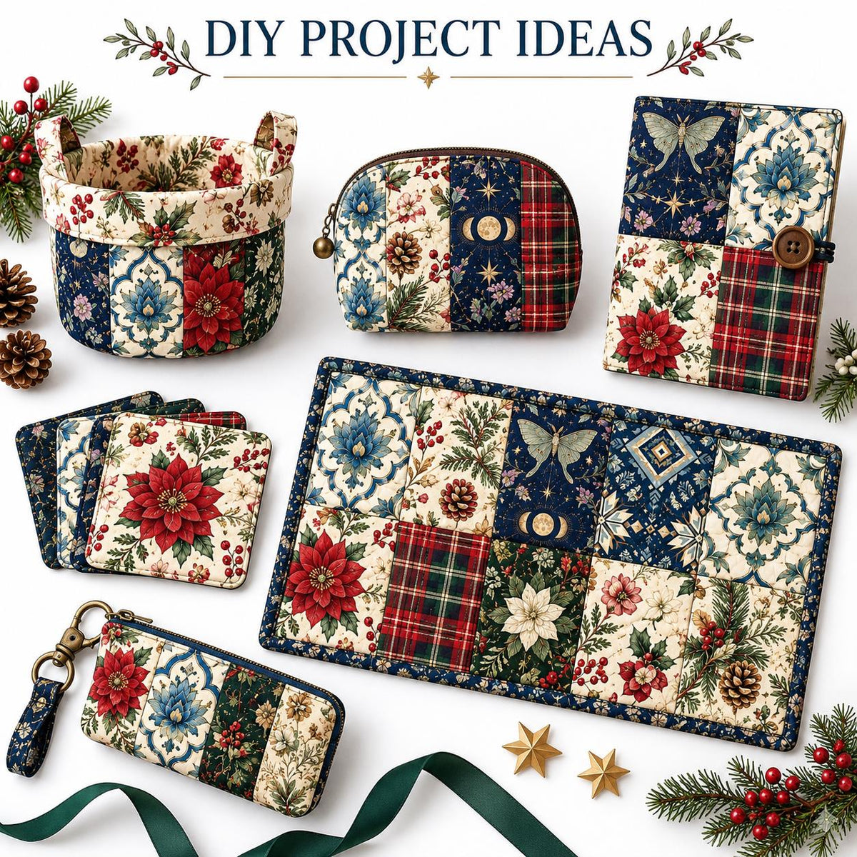 10Pc/Set Christmas Flower Series Plaid Tree Holly Pinecones Fat Quarter Fabric, Pre-Cut Square Fabric Assort, Fabric Set, Craft Fabric, Handmade DIY Patchwork Fabric,Home Quilting Sewing Fabric, Packaging Fabric, Scrapbooking Craft Hobbyist