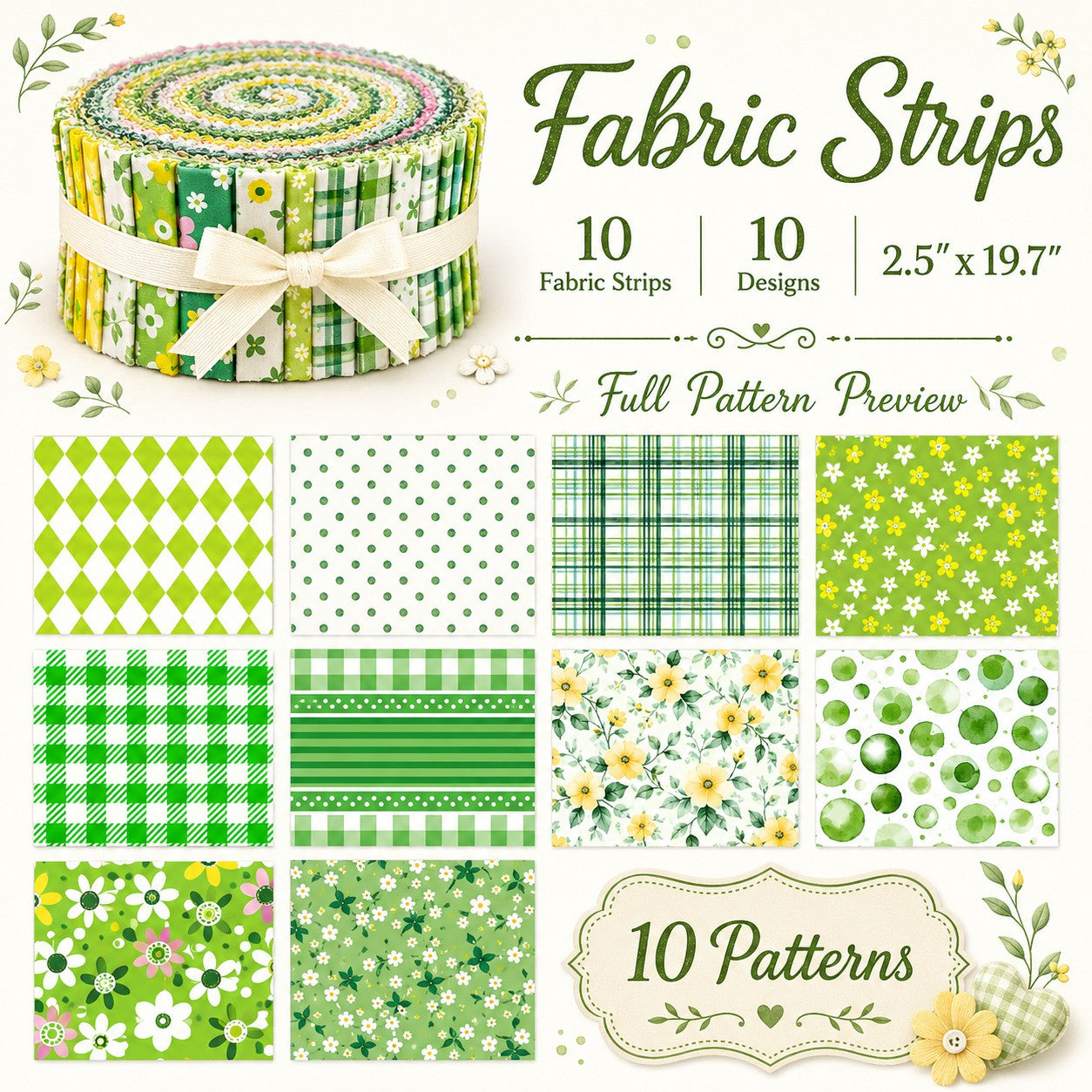 10Pc/Set, Making 10 Images 1pc Each, Each Size: 6.3*50cm Geometric Floral Green Series Sliced Fabric Set Style Combination, Polyester Jelly Roll Fabric Strips, Pre-Cut Quilting Squares, For Quilting DIY, Handicrafts And Sewing, Blankets, Rugs