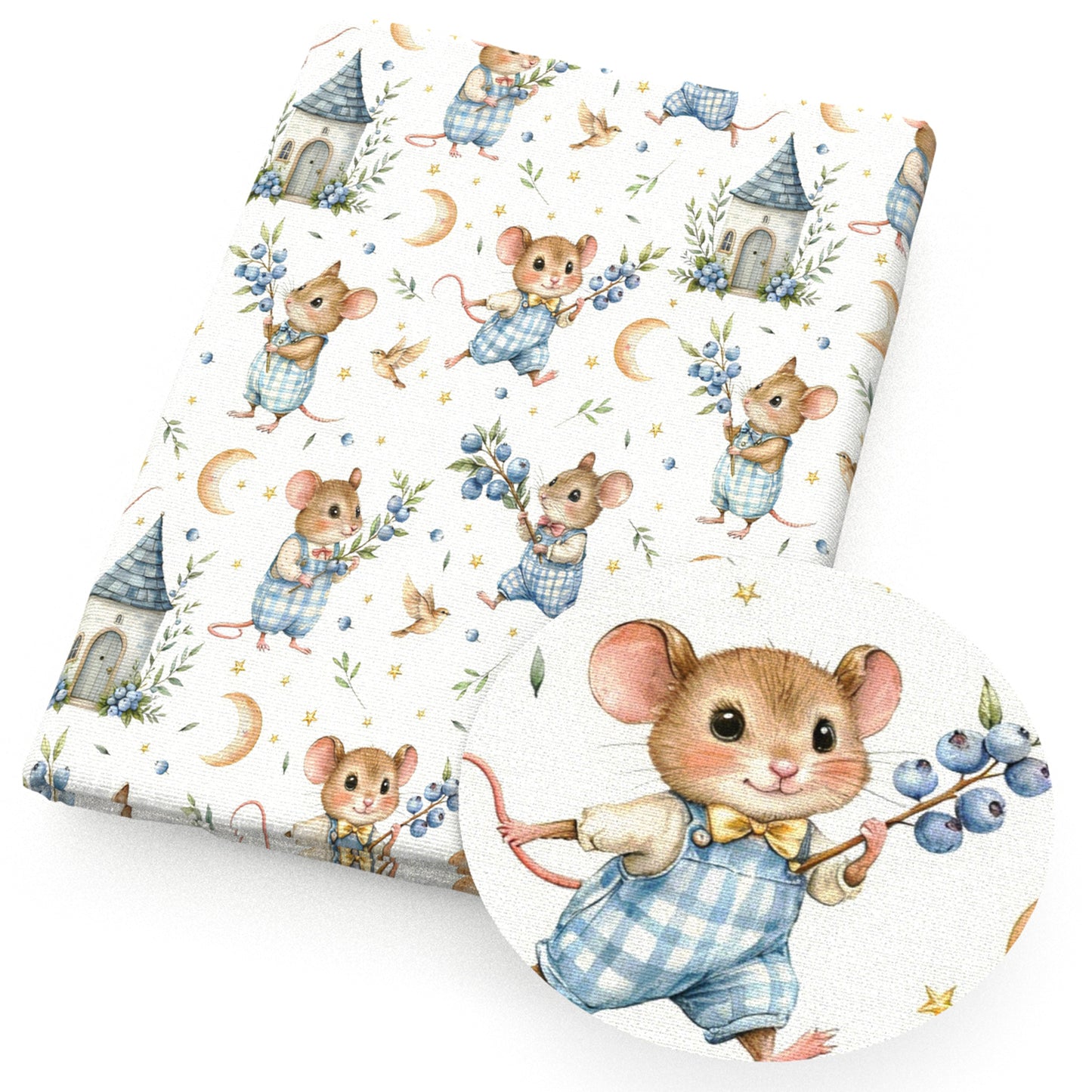 mouse star starfish moon blueberry bird house fabric