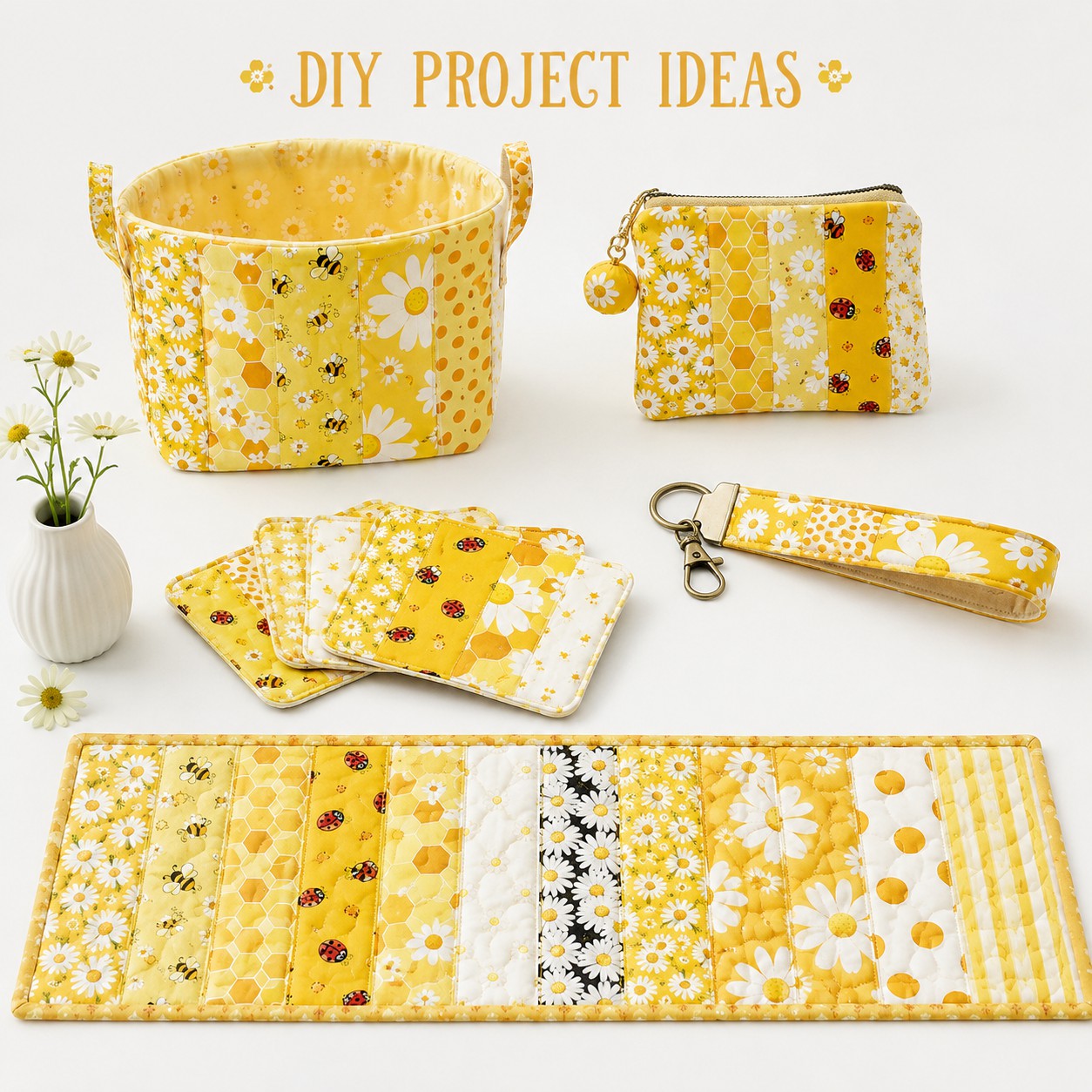 10Pc/Set, Making 10 Images 1pc Each, Each Size: 6.3*50cm Ladybug Bee Spring Daisy Yellow Series Sliced Fabric Set Style Combination, Polyester Jelly Roll Fabric Strips, Pre-Cut Quilting Squares, For Quilting DIY, Handicrafts And Sewing, Blankets, Rugs