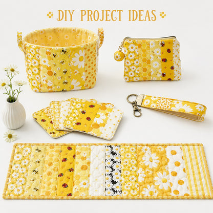 10Pc/Set, Making 10 Images 1pc Each, Each Size: 6.3*50cm Ladybug Bee Spring Daisy Yellow Series Sliced Fabric Set Style Combination, Polyester Jelly Roll Fabric Strips, Pre-Cut Quilting Squares, For Quilting DIY, Handicrafts And Sewing, Blankets, Rugs