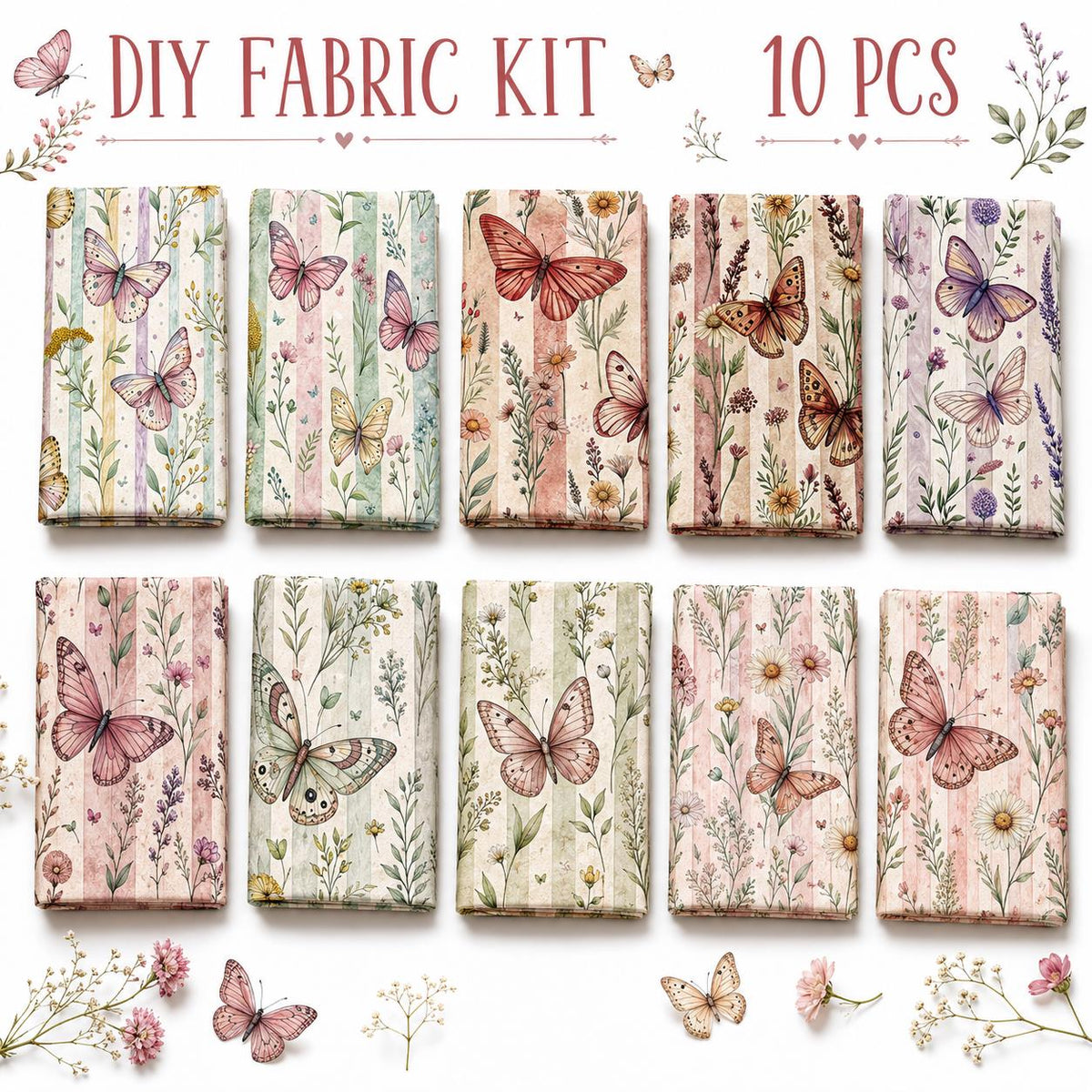 10Pc/Set Flower Stripe Butterfly Series Fat Quarter Fabric, Pre-Cut Square Fabric Assort, Fabric Set, Craft Fabric, Handmade DIY Patchwork Fabric,Home Quilting Sewing Fabric, Packaging Fabric, Scrapbooking Craft Hobbyist