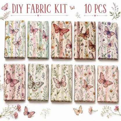 10Pc/Set Flower Stripe Butterfly Series Fat Quarter Fabric, Pre-Cut Square Fabric Assort, Fabric Set, Craft Fabric, Handmade DIY Patchwork Fabric,Home Quilting Sewing Fabric, Packaging Fabric, Scrapbooking Craft Hobbyist