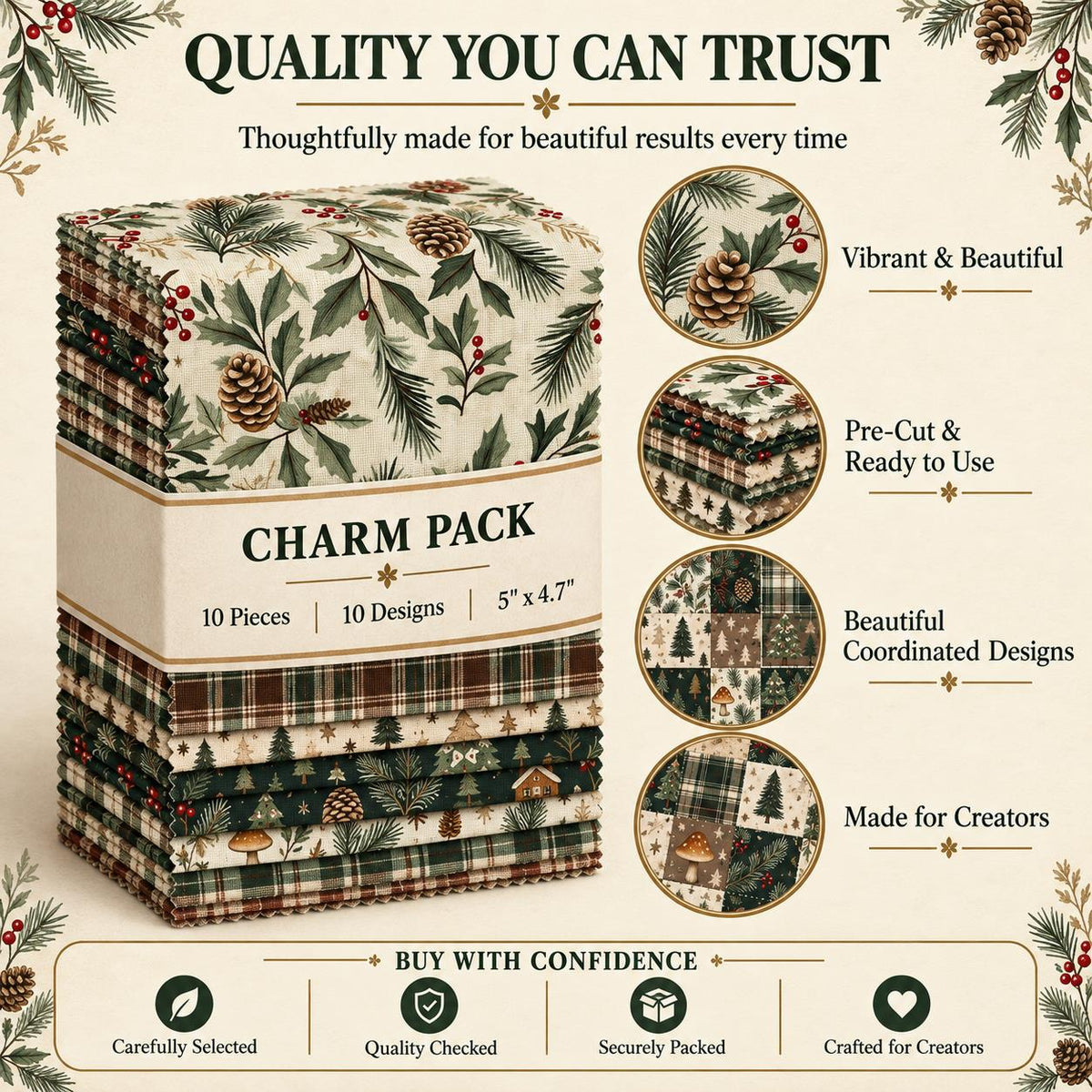 10Pc/set Christmas Series plaid tree mushroom Holly Pinecones Fat Quarter Fabric, Pre-Cut Square Fabric Assort, Fabric Set, Craft Fabric, Handmade DIY Patchwork Fabric,Home Quilting Sewing Fabric, Packaging Fabric, Scrapbooking Craft Hobbyist