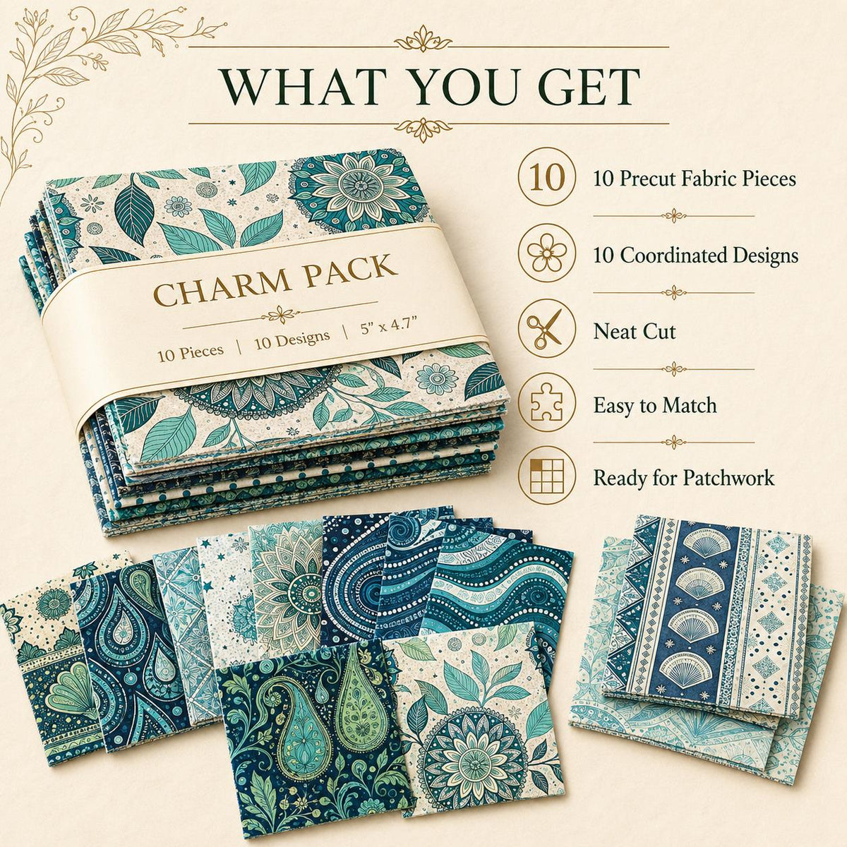 10pcs Charm Pack Set Geometric Cashew Pattern Vintage Style Pattern Handmade DIY with Rich Color and Texture Elements 100% Polyester Patchwork in 10 Design Styles Suitable for Patchwork DIY Craft Projects DIY Wallet Making Gift Giving Bag Making Mother's