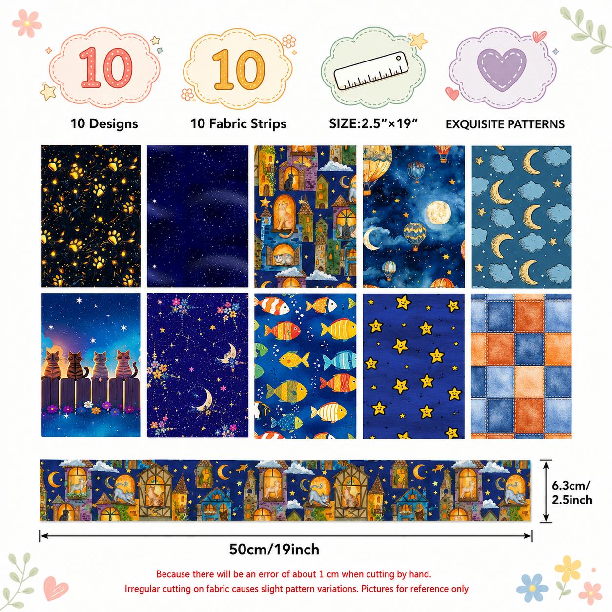10pcs Vintage Moon Cat Fish Night Pattern Jelly Roll Fabric Strips 2.5X19.7inch Pre-cut 100% Polyester for Patchwork Quilts, Table Runners, Placemats, Tote Bags, Storage Pouches, Makeup Bags, Coasters, Quilt Blocks & Binding Halloween Gift