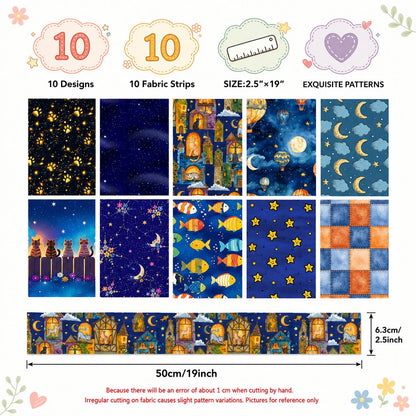 10pcs Vintage Moon Cat Fish Night Pattern Jelly Roll Fabric Strips 2.5X19.7inch Pre-cut 100% Polyester for Patchwork Quilts, Table Runners, Placemats, Tote Bags, Storage Pouches, Makeup Bags, Coasters, Quilt Blocks & Binding Halloween Gift