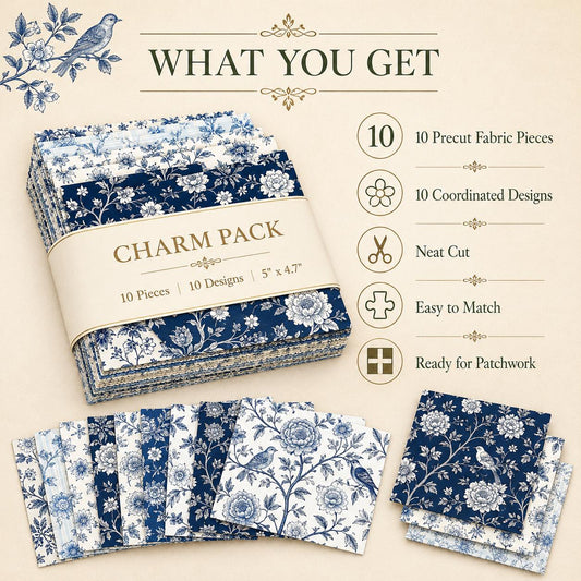 10Pc/Set Flower Blue Series Bird Leaves Fat Quarter Fabric, Pre-Cut Square Fabric Assort, Fabric Set, Craft Fabric, Handmade DIY Patchwork Fabric,Home Quilting Sewing Fabric, Packaging Fabric, Scrapbooking Craft Hobbyist