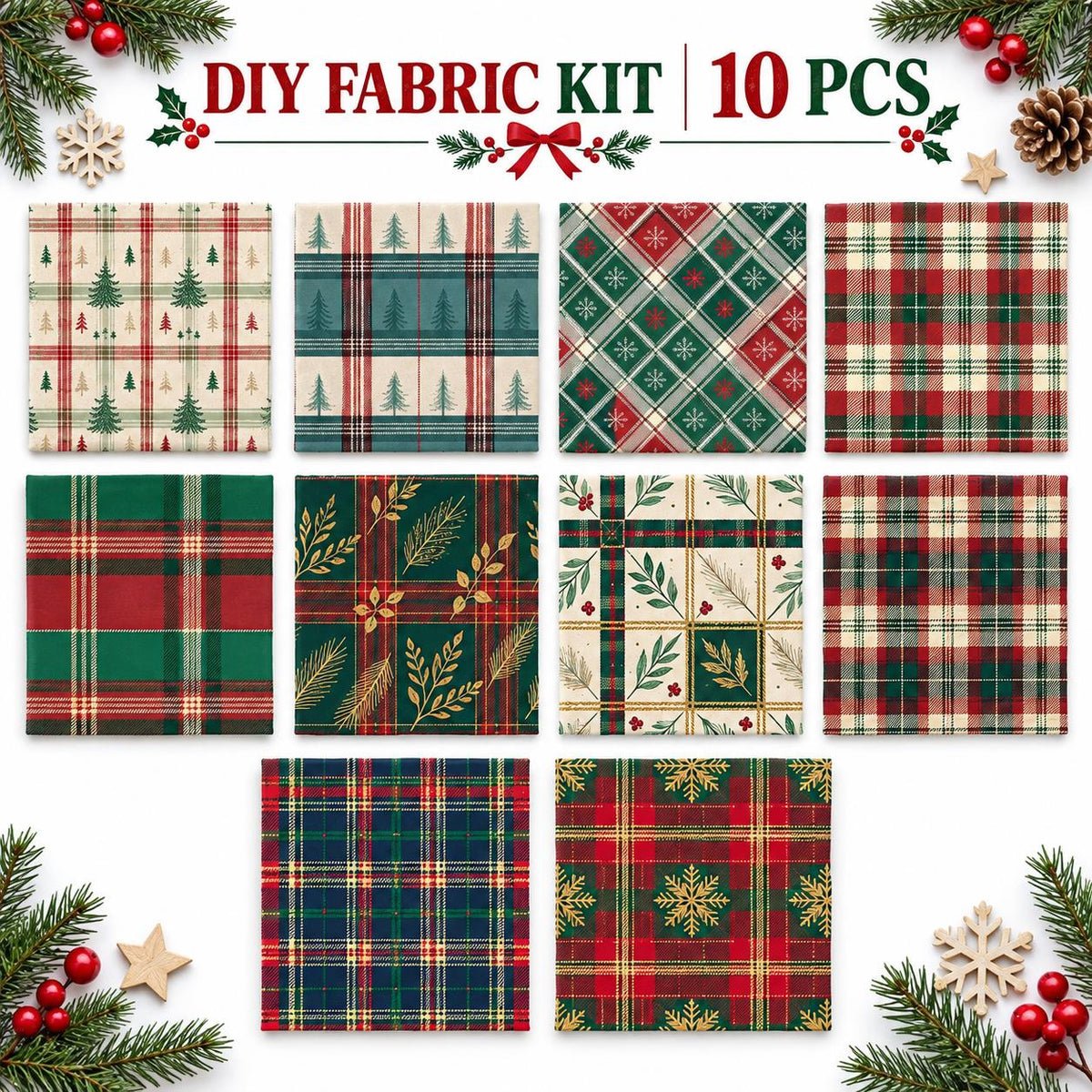 10Pc/Set Christmas Series Plaid Tree Rhombus Fat Quarter Fabric, Pre-Cut Square Fabric Assort, Fabric Set, Craft Fabric, Handmade DIY Patchwork Fabric,Home Quilting Sewing Fabric, Packaging Fabric, Scrapbooking Craft Hobbyist