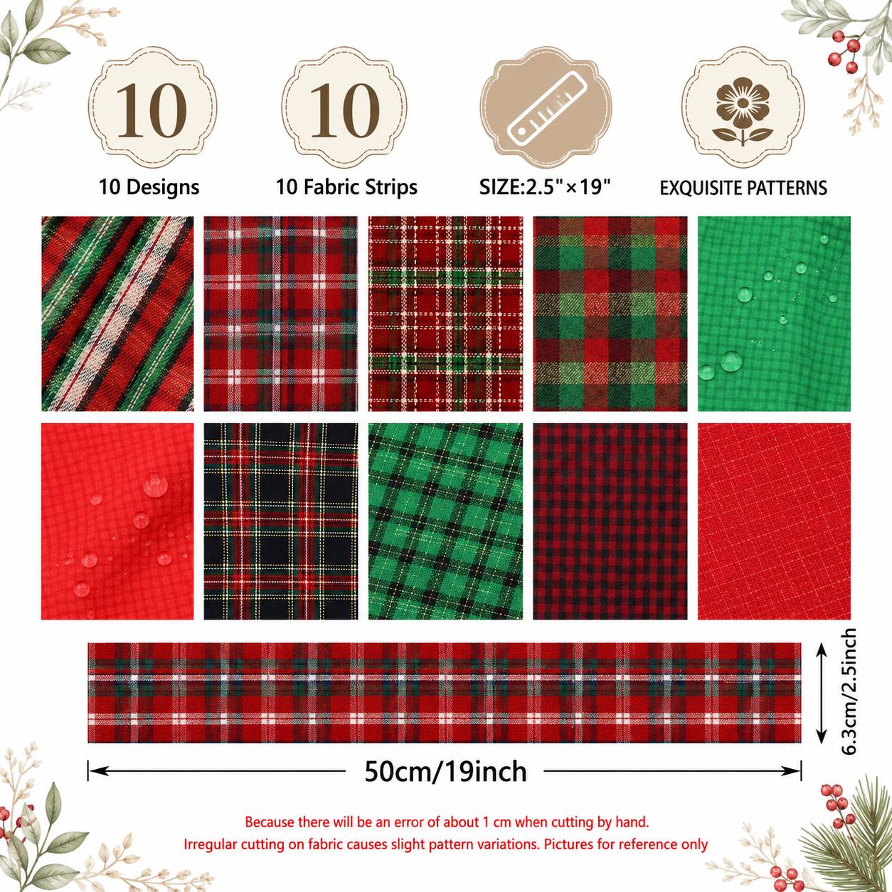 10Pc/Set, Making 10 Images 1pc Each, Each Size: 6.3*50cm Plaid Grid Christmas Series Sliced Fabric Set Style Combination, Polyester Jelly Roll Fabric Strips, Pre-Cut Quilting Squares, For Quilting DIY, Handicrafts And Sewing, Blankets, Rugs