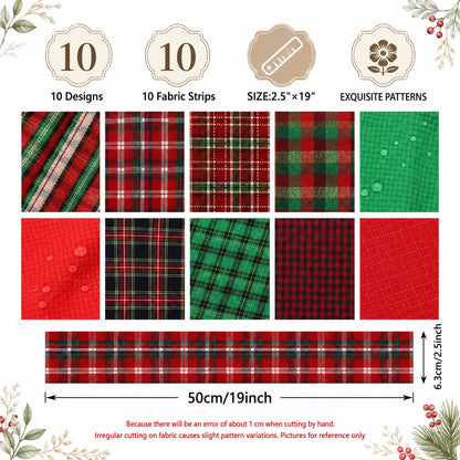 10Pc/Set, Making 10 Images 1pc Each, Each Size: 6.3*50cm Plaid Grid Christmas Series Sliced Fabric Set Style Combination, Polyester Jelly Roll Fabric Strips, Pre-Cut Quilting Squares, For Quilting DIY, Handicrafts And Sewing, Blankets, Rugs