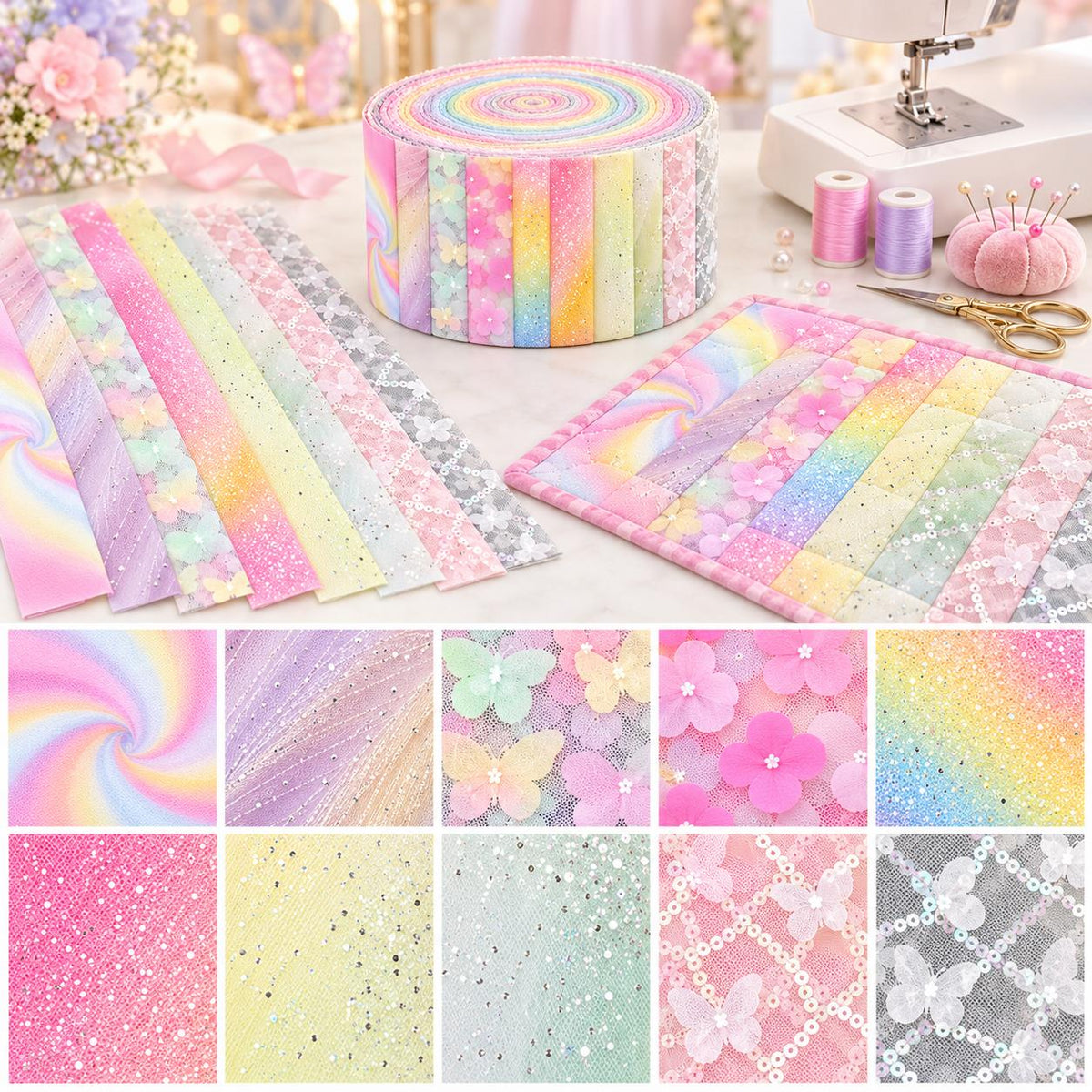 10pcs Vintage Butterfly Mesh Gauze Lace Series Jelly Roll Fabric Strips 2.5X19.7inch Pre-cut 100% Polyester for Patchwork Quilts, Table Runners, Placemats, Tote Bags, Storage Pouches, Makeup Bags, Coasters, Quilt Blocks & Binding Multi-color