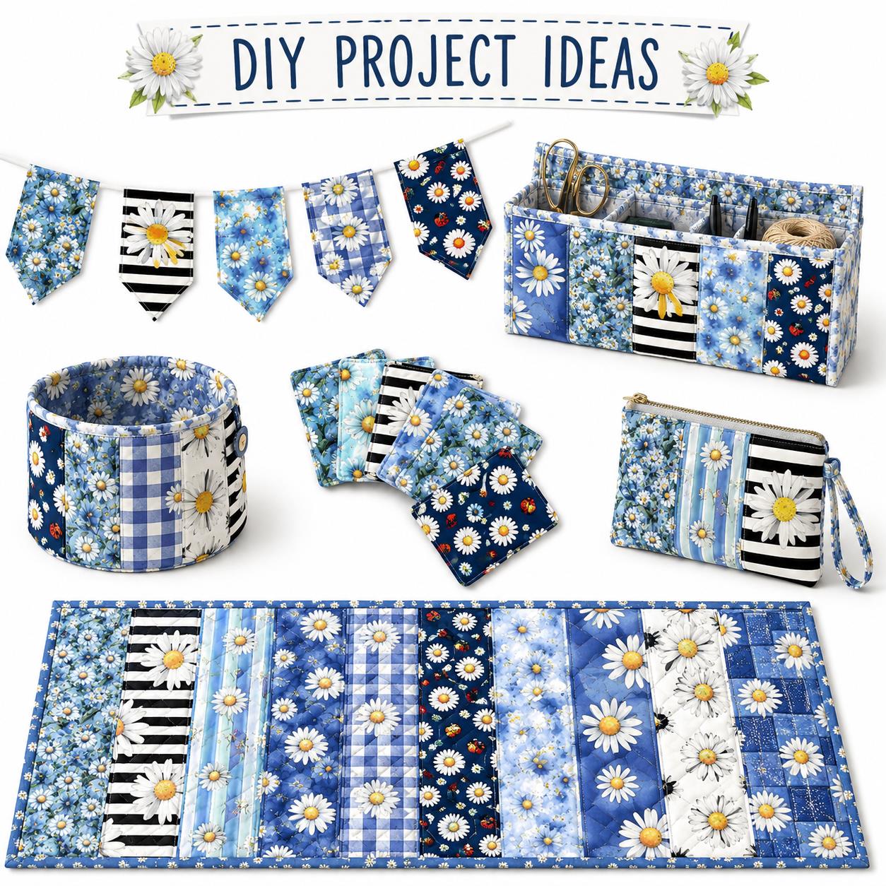 10pcs Vintage Daisy Floral Pattern Jelly Roll Fabric Strips 2.5X19.7inch Pre-cut 100% Polyester for Patchwork Quilts, Table Runners, Placemats, Tote Bags, Storage Pouches, Makeup Bags, Coasters, Quilt Blocks & Binding