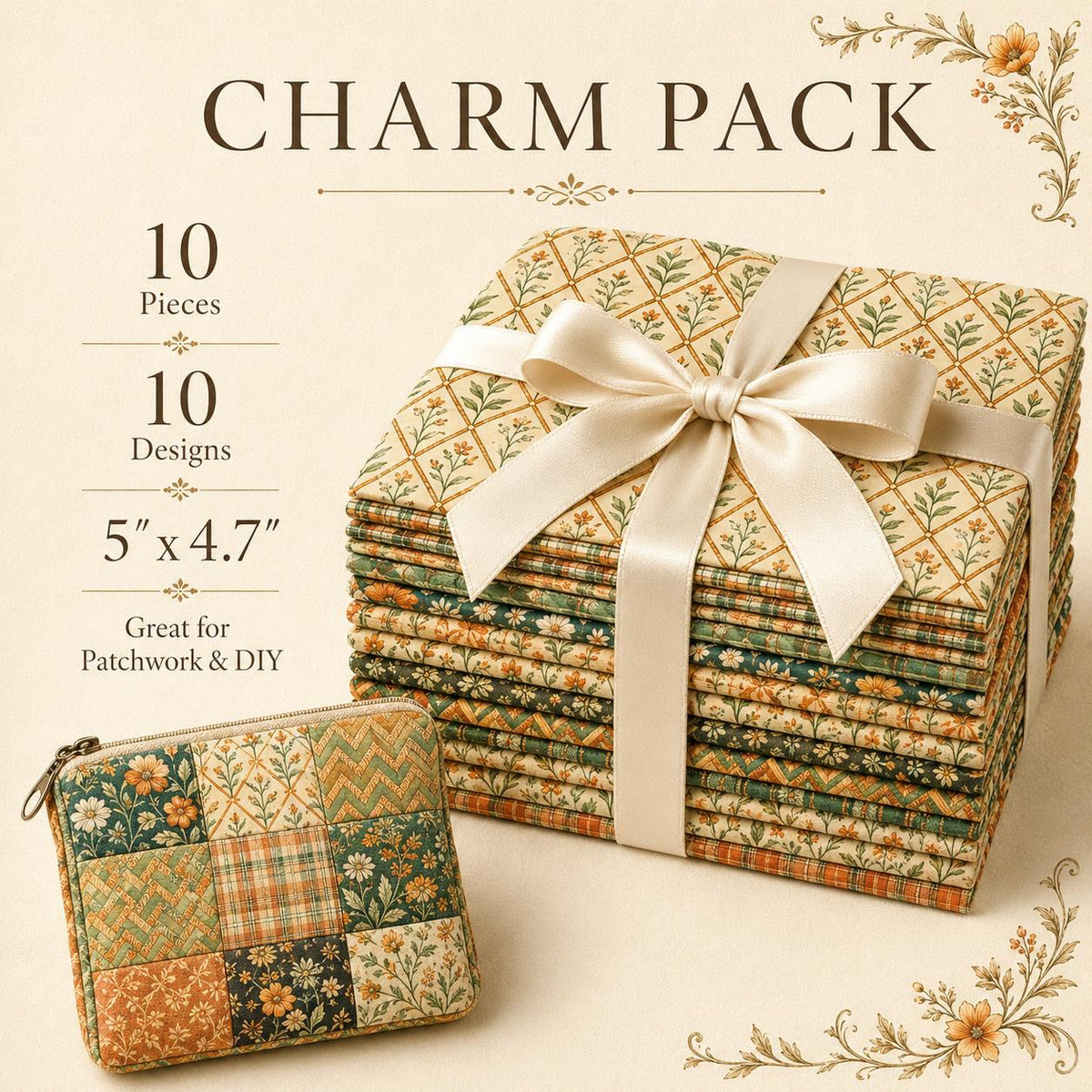10pcs Charm Pack Set Floral Pattern Vintage Style Handmade DIY with Rich Color and Texture Elements 100% Polyester Patchwork in 10 Design Styles Suitable for Patchwork DIY Craft Projects DIY Wallet Making Gift Giving Bag Making Mother's Day Gift
