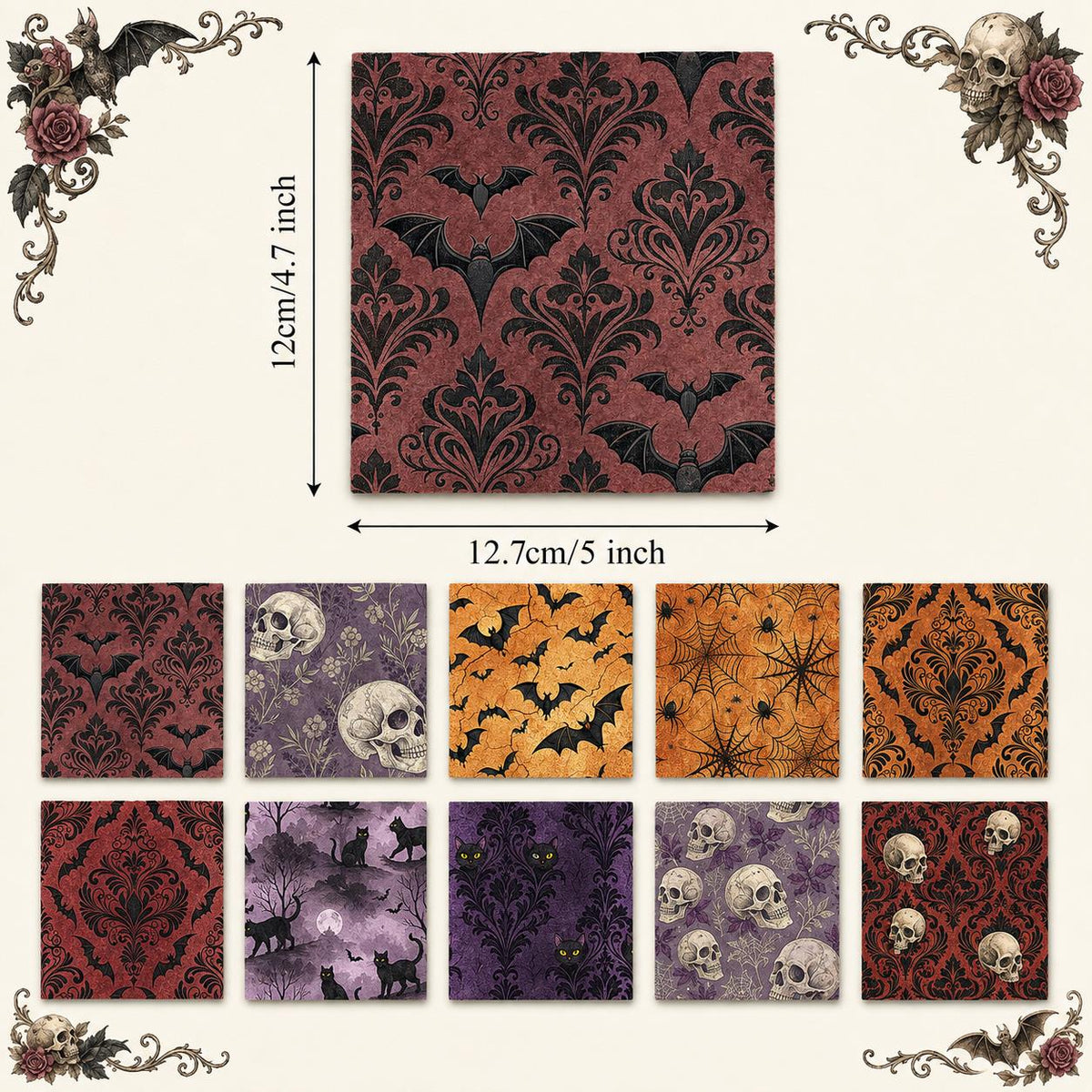 10Pc/Set Halloween Series Flower Skull Spider Web Bat Fat Quarter Fabric, Pre-Cut Square Fabric Assort, Fabric Set, Craft Fabric, Handmade DIY Patchwork Fabric,Home Quilting Sewing Fabric, Packaging Fabric, Scrapbooking Craft Hobbyist