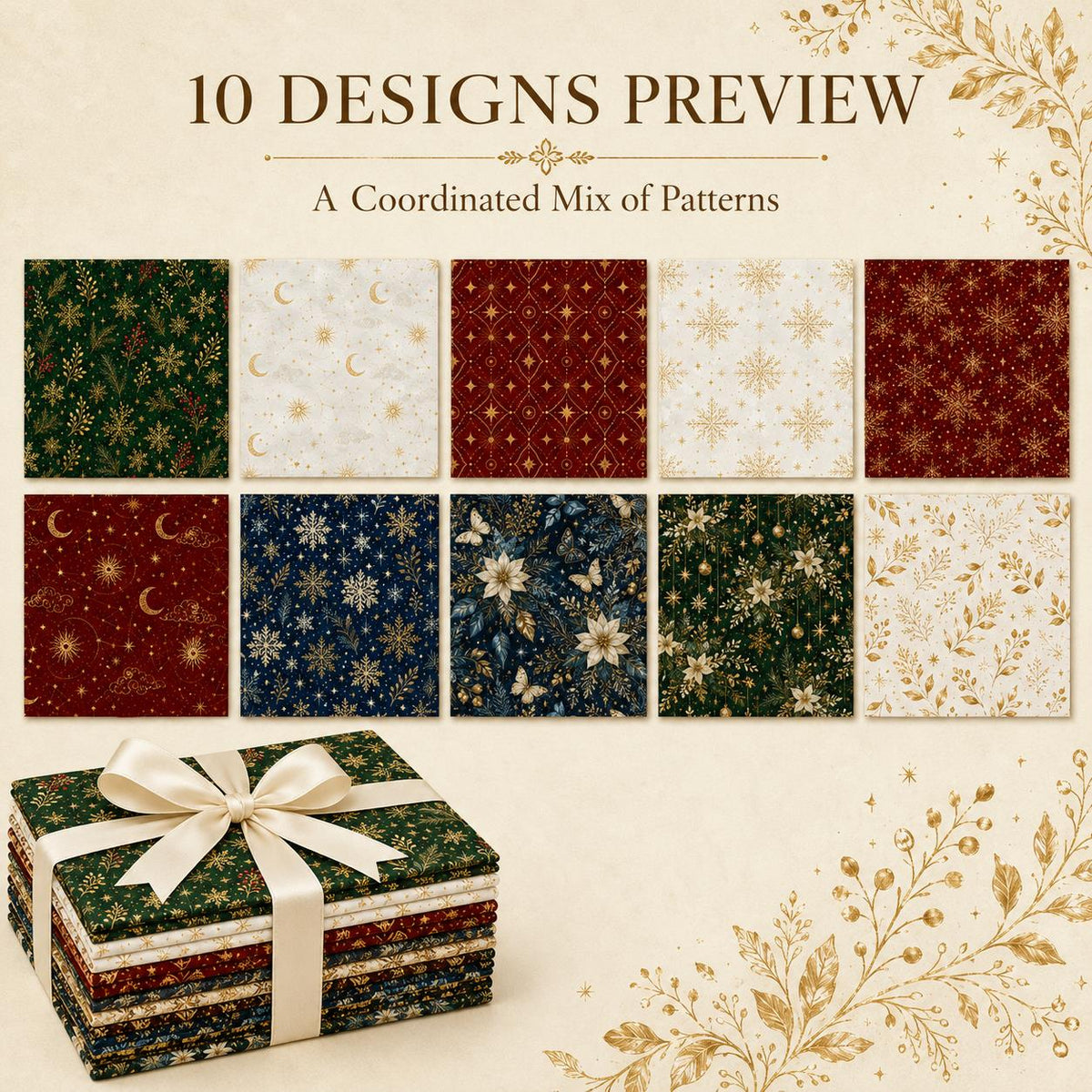 10pcs Charm Pack Set Christmas Holly Snow Pattern Vintage Style Handmade DIY with Rich Color and Texture Elements 100% Polyester Patchwork in 10 Design Styles Suitable for Patchwork DIY Craft Projects DIY Wallet Making Gift Giving Bag Making Mother's Day