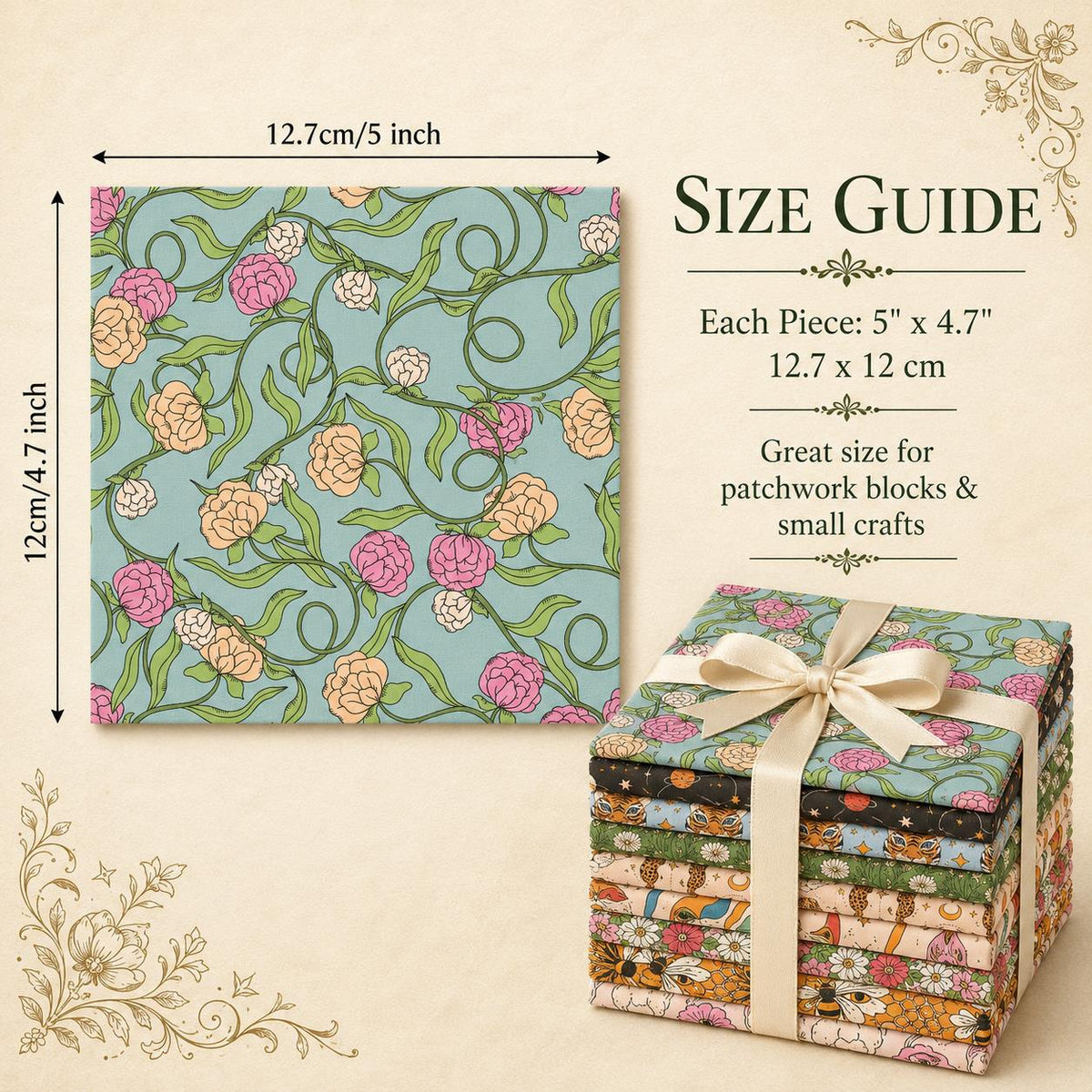 10pcs Charm Pack Set Floral Bee Pattern Vintage Style Handmade DIY with Rich Color and Texture Elements 100% Polyester Patchwork in 10 Design Styles Suitable for Patchwork DIY Craft Projects DIY Wallet Making Gift Giving Bag Making Mother's Day Gift