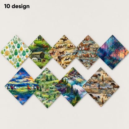 10Pc/Set Horse Series Mountain Tree Fat Quarter Fabric, Pre-Cut Square Fabric Assort, Fabric Set, Craft Fabric, Handmade DIY Patchwork Fabric,Home Quilting Sewing Fabric, Packaging Fabric, Scrapbooking Craft Hobbyist
