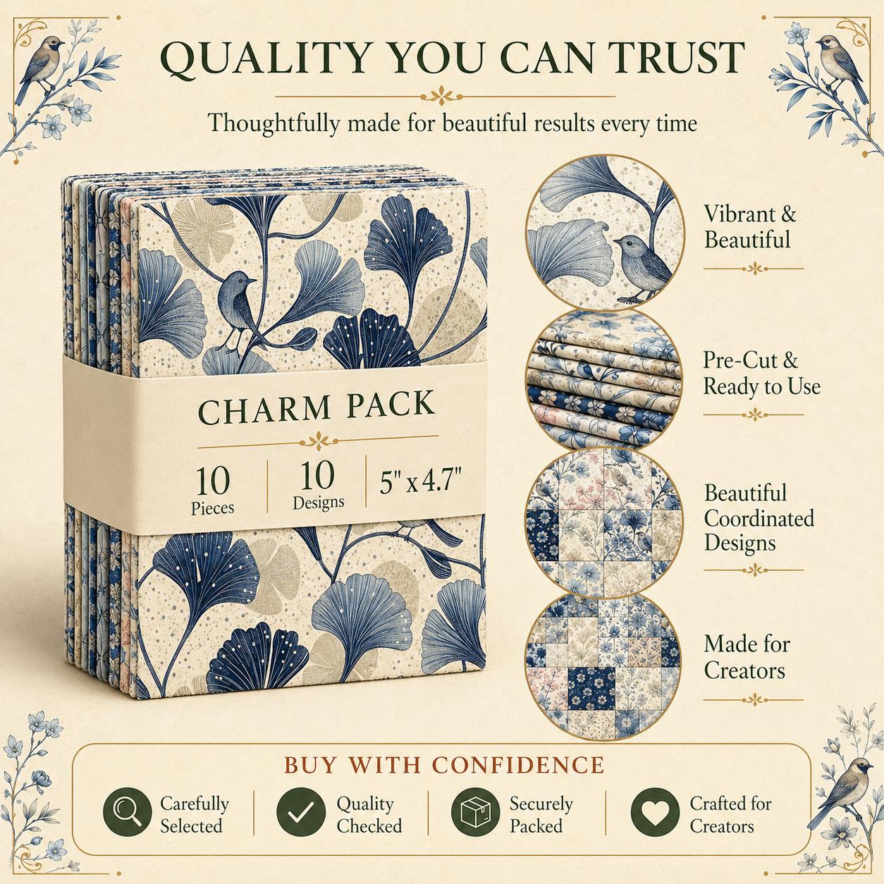 10pcs Charm Pack Set Floral Bird Vintage Style Pattern Handmade DIY with Rich Color and Texture Elements 100% Polyester Patchwork in 10 Design Styles Suitable for Patchwork DIY Craft Projects DIY Wallet Making Gift Giving Bag Making Mother's Day Gift