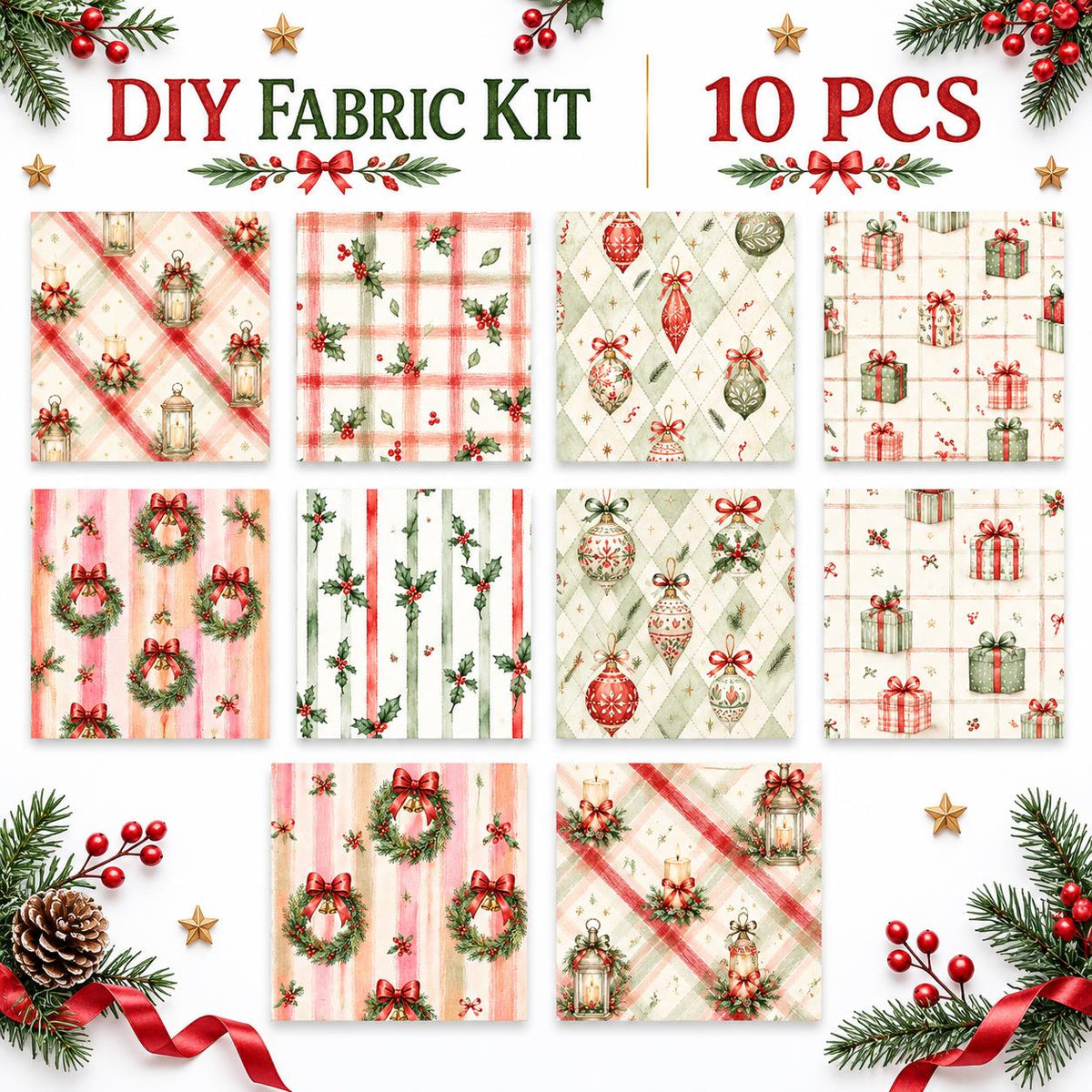 10Pc/Set Christmas Series Plaid Stripe Bowknot Bell Star Holly Fat Quarter Fabric, Pre-Cut Square Fabric Assort, Fabric Set, Craft Fabric, Handmade DIY Patchwork Fabric,Home Quilting Sewing Fabric, Packaging Fabric, Scrapbooking Craft Hobbyist