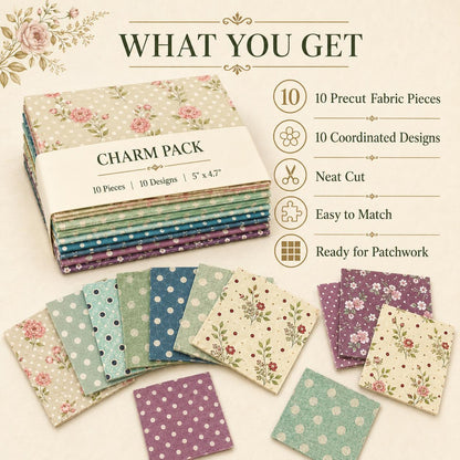 10pcs Charm Pack Set Floral Dot Pattern Vintage Style Handmade DIY with Rich Color and Texture Elements 100% Polyester Patchwork in 10 Design Styles Suitable for Patchwork DIY Craft Projects DIY Wallet Making Gift Giving Bag Making Mother's Day Gift