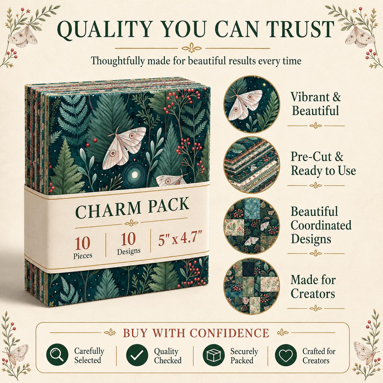 10pcs Charm Pack Set Green Holly Christmas Pattern Vintage Style Pattern Handmade DIY with Rich Color and Texture Elements 100% Polyester Patchwork in 10 Design Styles Suitable for Patchwork DIY Craft Projects DIY Wallet Making Gift Giving Bag Making Moth