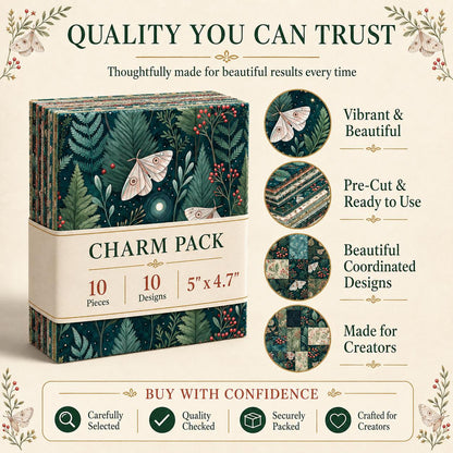 10pcs Charm Pack Set Green Holly Christmas Pattern Vintage Style Pattern Handmade DIY with Rich Color and Texture Elements 100% Polyester Patchwork in 10 Design Styles Suitable for Patchwork DIY Craft Projects DIY Wallet Making Gift Giving Bag Making Moth