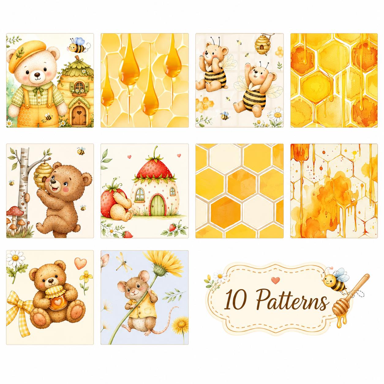 10Pc/Set, Making 10 Images 1pc Each, Each Size: 6.3*50cm Bear Honey Yellow Series Sliced Fabric Set Style Combination, Polyester Jelly Roll Fabric Strips, Pre-Cut Quilting Squares, For Quilting DIY, Handicrafts And Sewing, Blankets, Rugs