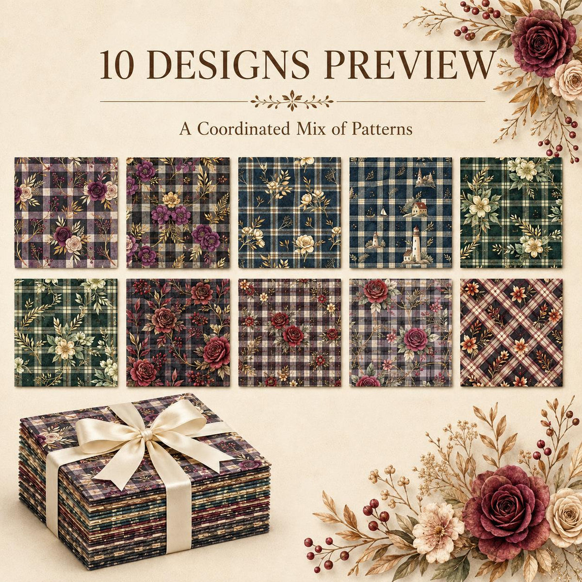 10Pc/Set Flower Plaid Series Fat Quarter Fabric, Pre-Cut Square Fabric Assort, Fabric Set, Craft Fabric, Handmade DIY Patchwork Fabric,Home Quilting Sewing Fabric, Packaging Fabric, Scrapbooking Craft Hobbyist