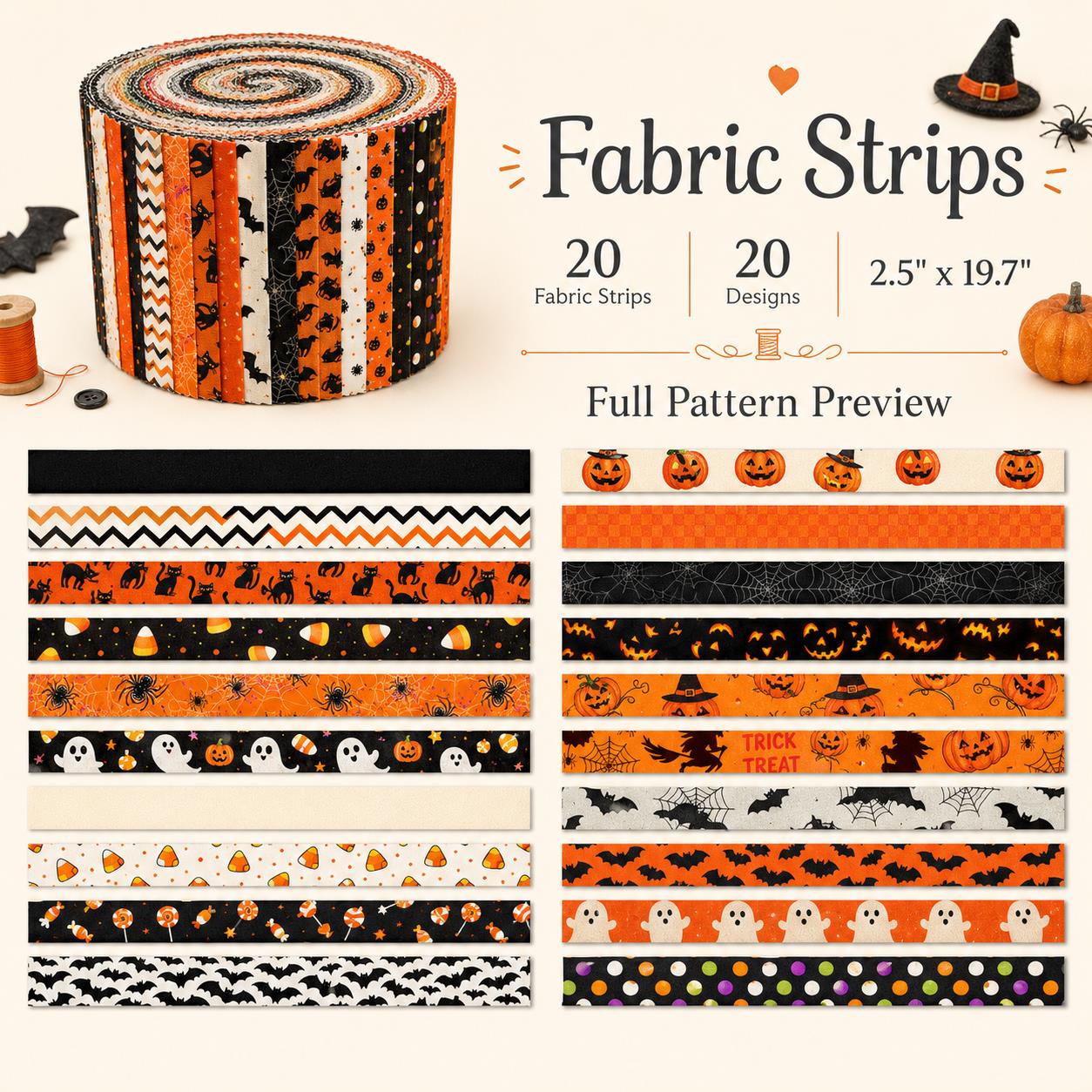 20pcs Vintage Jelly Roll Sliced Fabric Bat Pumpkin Ghost Halloween Series Fabric Strips 2.5X19.7inch Pre-cut Fresh and Delicate Printed Multi-Color 100% Polyester for DIY Handmade Patchwork, Table Runners, Placemats, Tote Bags, Storage Pouches