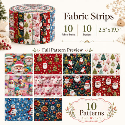 10pcs Vintage 2D Flat Christmas Santa Snowman Jelly Roll Fabric Strips 2.5X19.7inch Pre-cut 100% Polyester for Patchwork Quilts, Table Runners, Placemats, Tote Bags, Storage Pouches, Makeup Bags, Coasters, Quilt Blocks & Binding Multi-color