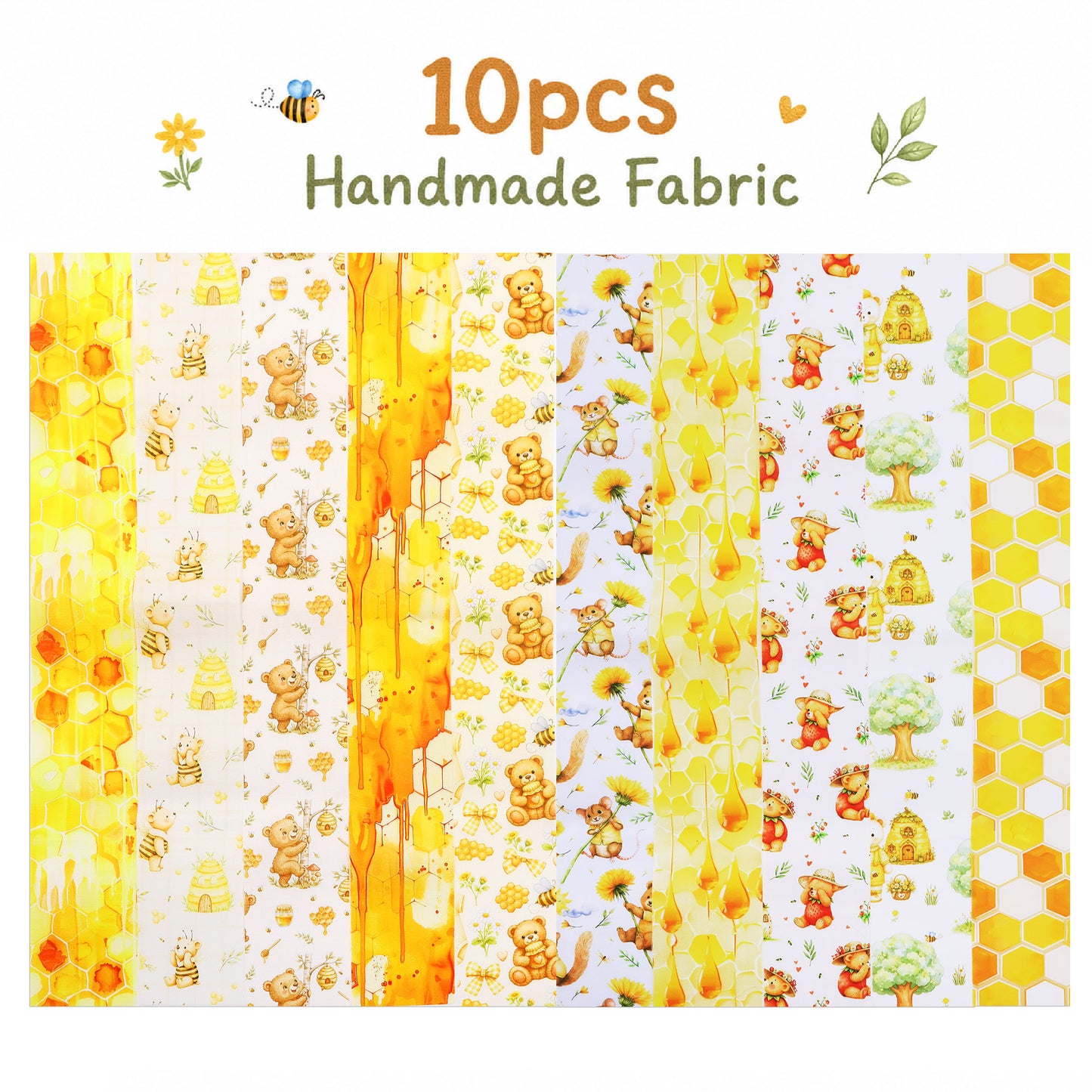 10Pc/Set, Making 10 Images 1pc Each, Each Size: 6.3*50cm Bear Honey Yellow Series Sliced Fabric Set Style Combination, Polyester Jelly Roll Fabric Strips, Pre-Cut Quilting Squares, For Quilting DIY, Handicrafts And Sewing, Blankets, Rugs