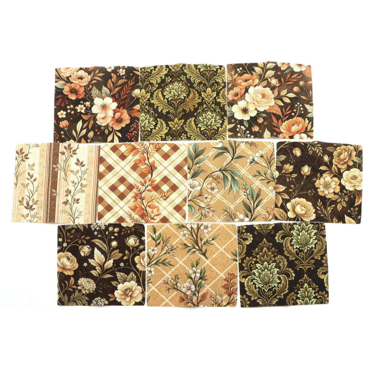 10pcs Charm Pack Set Floral Autumn Pattern Vintage Style Pattern Handmade DIY with Rich Color and Texture Elements 100% Polyester Patchwork in 10 Design Styles Suitable for Patchwork DIY Craft Projects DIY Wallet Making Gift Giving Bag Making