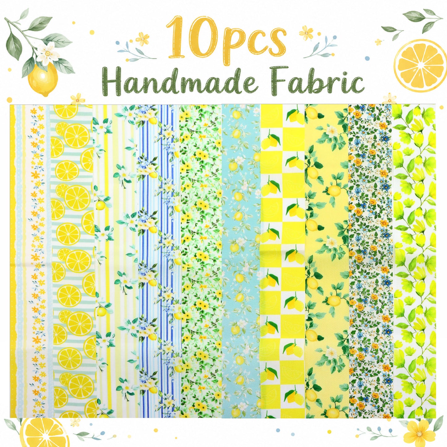 10Pc/Set, Making 10 Images 1pc Each, Each Size: 6.3*50cm Floral Plaid Lemon Series Sliced Fabric Set Style Combination, Polyester Jelly Roll Fabric Strips, Pre-Cut Quilting Squares, For Quilting DIY, Handicrafts And Sewing, Blankets, Rugs