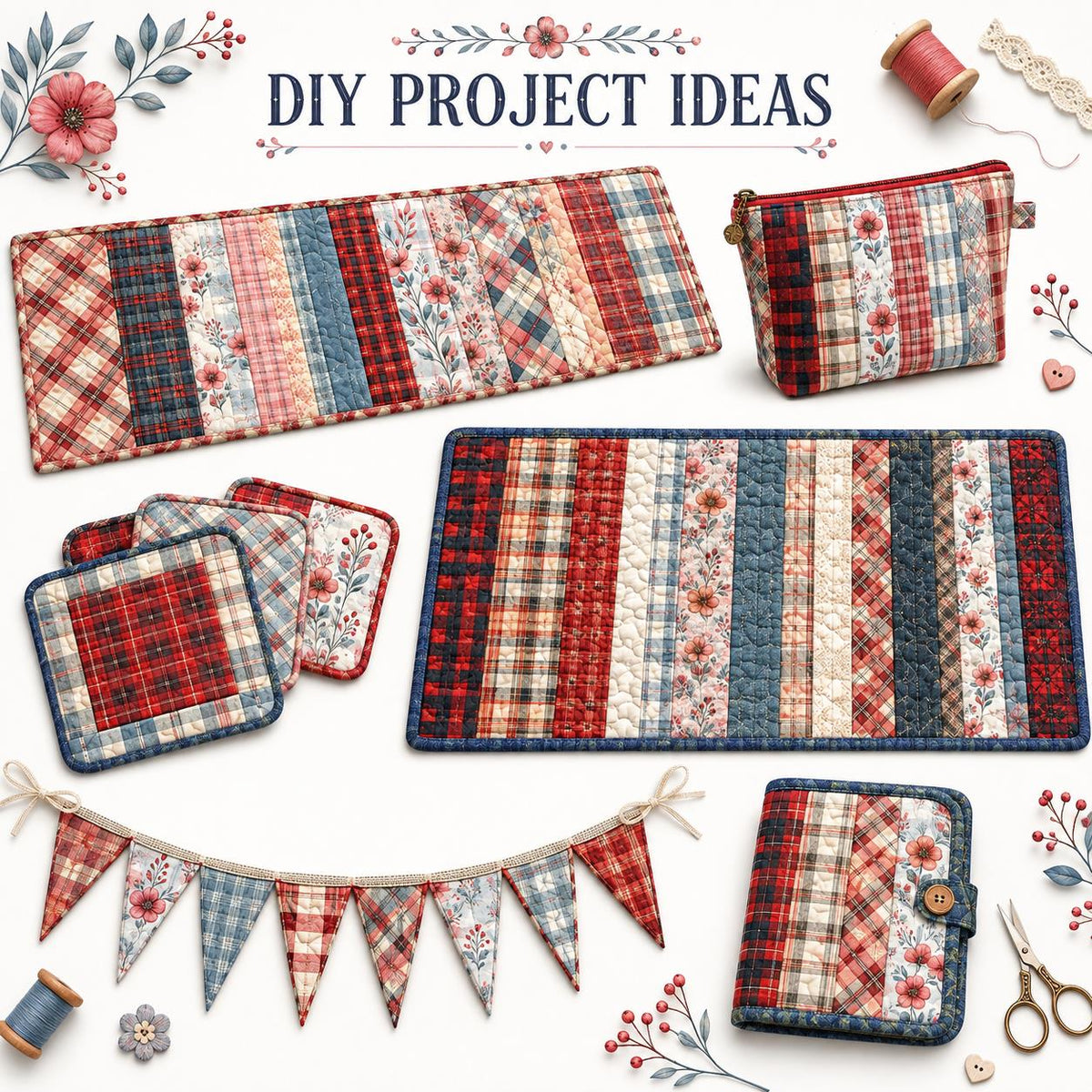 10pcs Vintage Plaid Red Floral Pattern Jelly Roll Fabric Strips 2.5X19.7inch Pre-Cut 100% Polyester For Patchwork Quilts, Table Runners, Placemats, Tote Bags, Storage Pouches, Makeup Bags, Coasters, Quilt Blocks & Binding